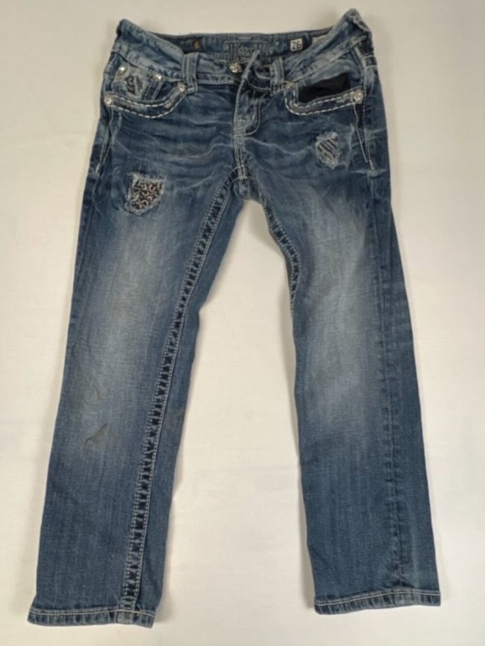 Miss Me Women's Size 26 Cuffed Capri Jeans Blue Rhinestone Embellished Denim